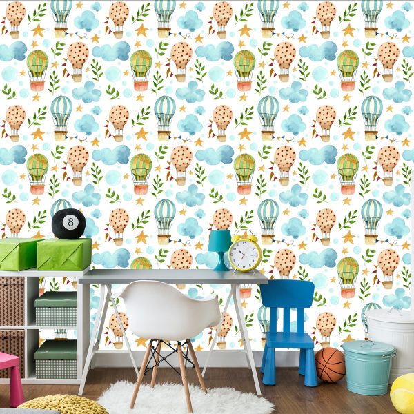 Behang Voor Kinderen, Ballonnen, Wolken, Sterplanten - Afbeelding 4