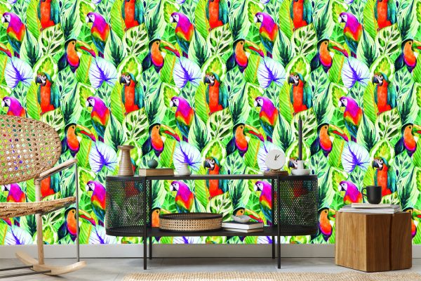 Behang Tropische Bladeren En Vogels - Afbeelding 5