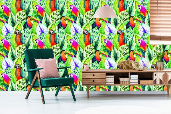 Behang Tropische Bladeren En Vogels - Afbeelding 6