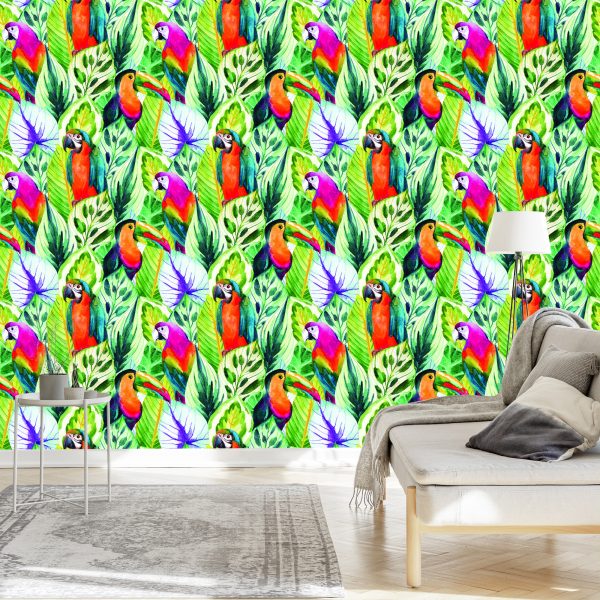 Behang Tropische Bladeren En Vogels - Afbeelding 3