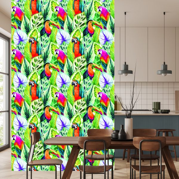 Behang Tropische Bladeren En Vogels - Afbeelding 4
