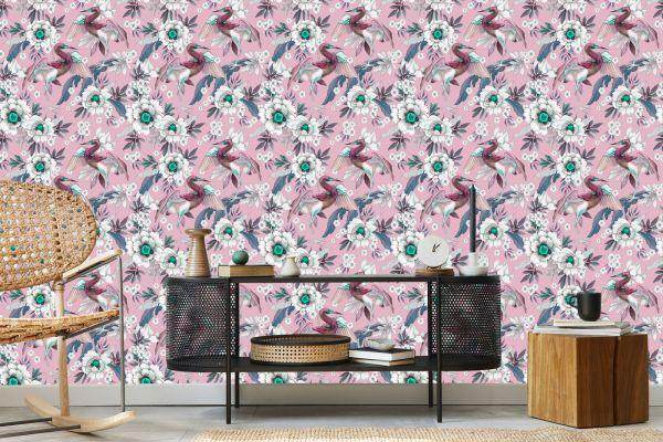 Behang Kleurrijke Vogels En Bloemen - Afbeelding 5