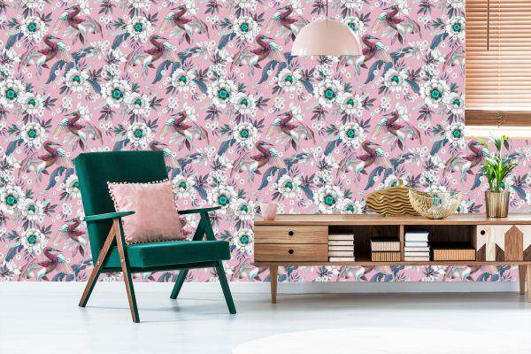 Behang Kleurrijke Vogels En Bloemen - Afbeelding 6