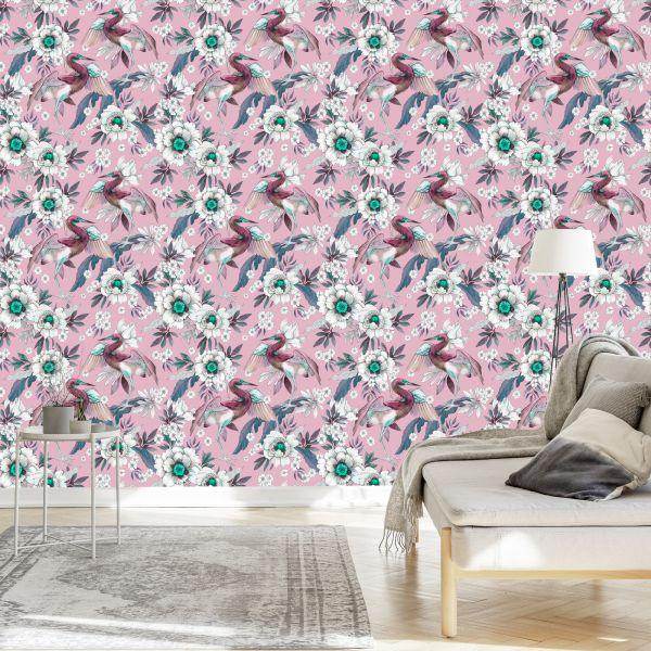 Behang Kleurrijke Vogels En Bloemen - Afbeelding 3