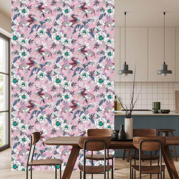 Behang Kleurrijke Vogels En Bloemen - Afbeelding 4