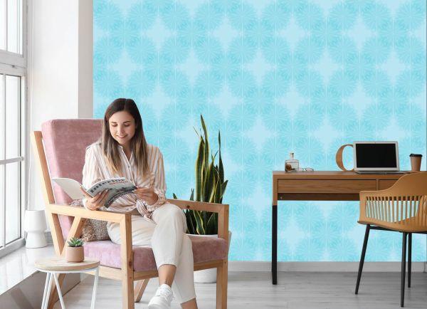 Behang Turkoois Geometrische Bloemen - Afbeelding 7