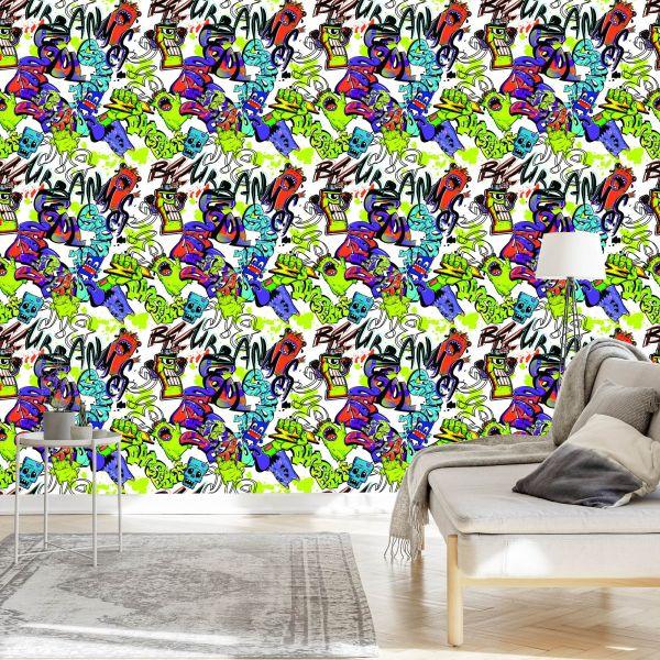 Behang Graffiti Met Kleurrijke Monsters - Afbeelding 3