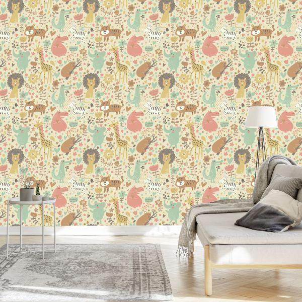 Behang Voor Kinderen, Safari, Olifanten, Leeuwen, Zebra's, Planten - Afbeelding 3