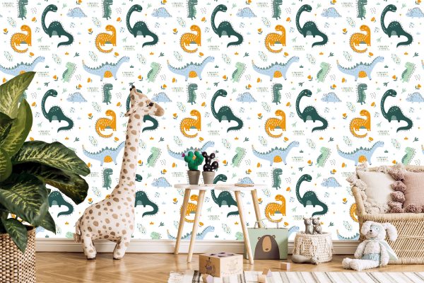 Behang Voor Babykamer Dinosaurussen, Bladeren, Bloemen - Afbeelding 5