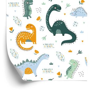 Behang Voor Babykamer Dinosaurussen, Bladeren, Bloemen