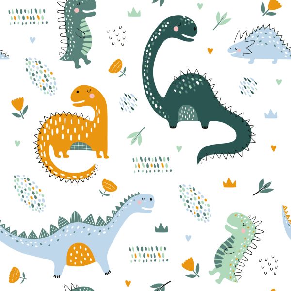 Behang Voor Babykamer Dinosaurussen, Bladeren, Bloemen - Afbeelding 2