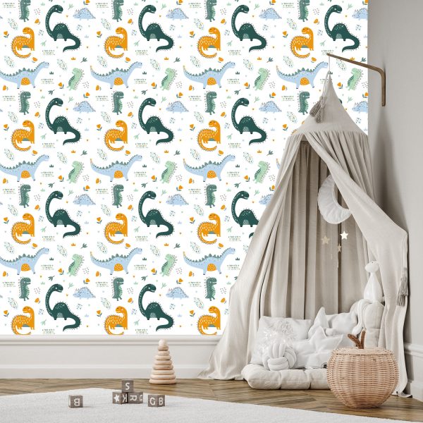 Behang Voor Babykamer Dinosaurussen, Bladeren, Bloemen - Afbeelding 3