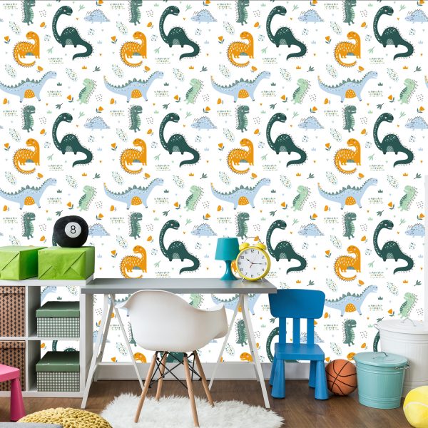 Behang Voor Babykamer Dinosaurussen, Bladeren, Bloemen - Afbeelding 4