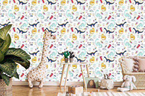 Behang Voor De Kinderkamer Kleurrijke Wolkdinosaurussen - Afbeelding 5