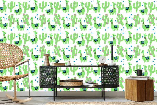 Behang Lama Groene Cactussen Voor De Babykamer - Afbeelding 5