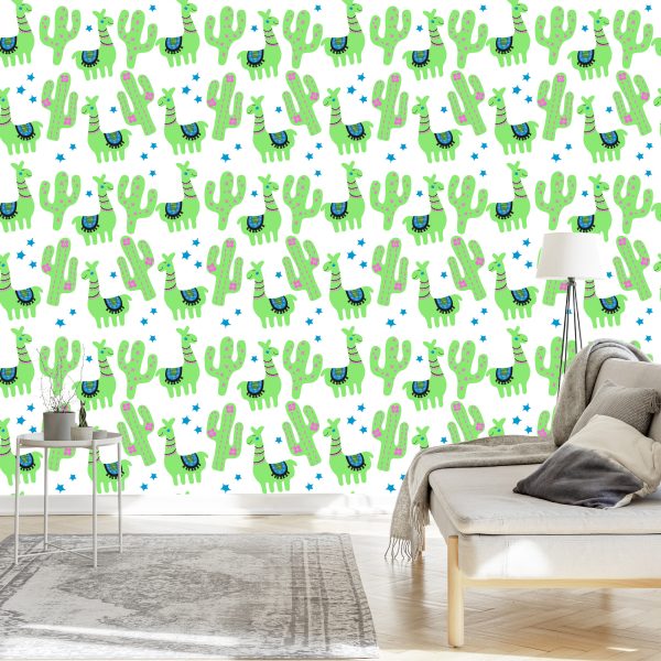 Behang Lama Groene Cactussen Voor De Babykamer - Afbeelding 3