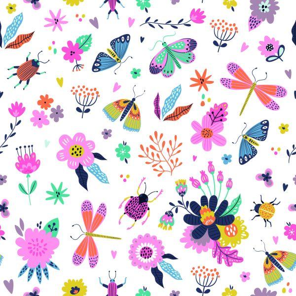 Behang Voor Kinderen In Bloemen Van Planten Vlinders Insecten - Afbeelding 2
