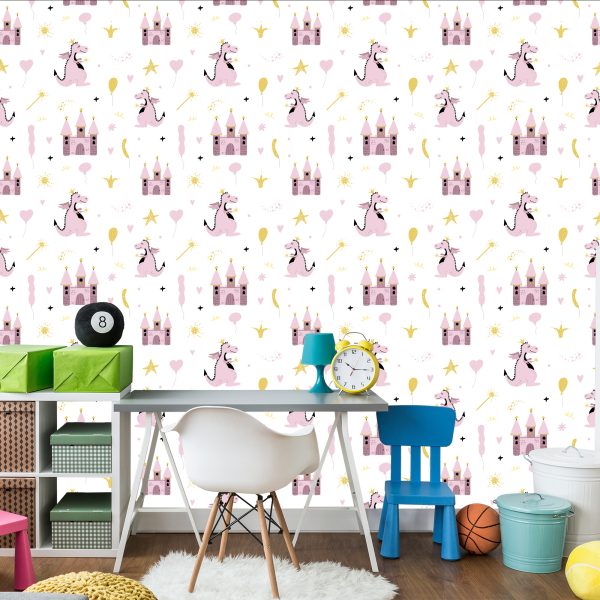 Behang Sprookjesachtige Kinderkamer Kasteeldraken - Afbeelding 4