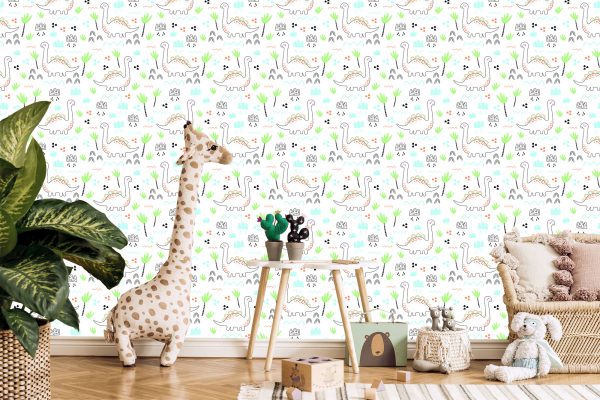 Behang Voor Kinderen, Dinosaurussen, Wolken, Bomen - Afbeelding 5
