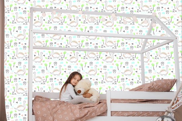 Behang Voor Kinderen, Dinosaurussen, Wolken, Bomen - Afbeelding 7