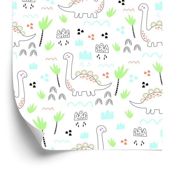 Behang Voor Kinderen, Dinosaurussen, Wolken, Bomen