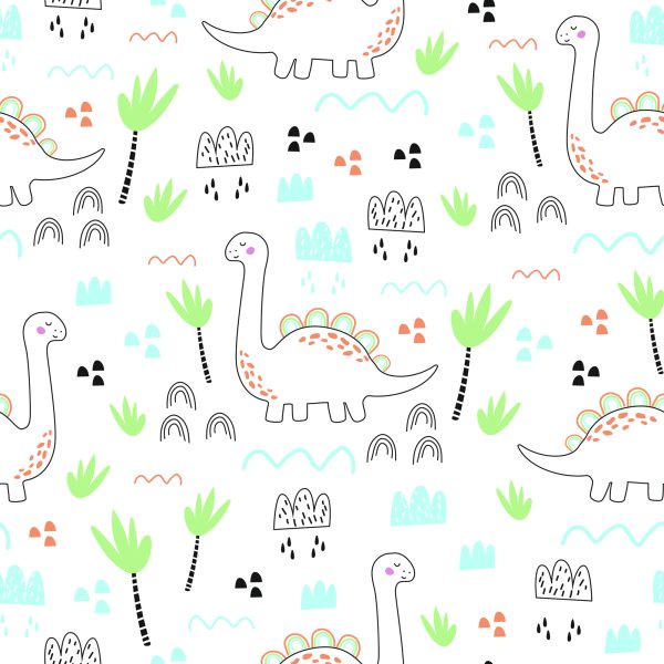 Behang Voor Kinderen, Dinosaurussen, Wolken, Bomen - Afbeelding 2