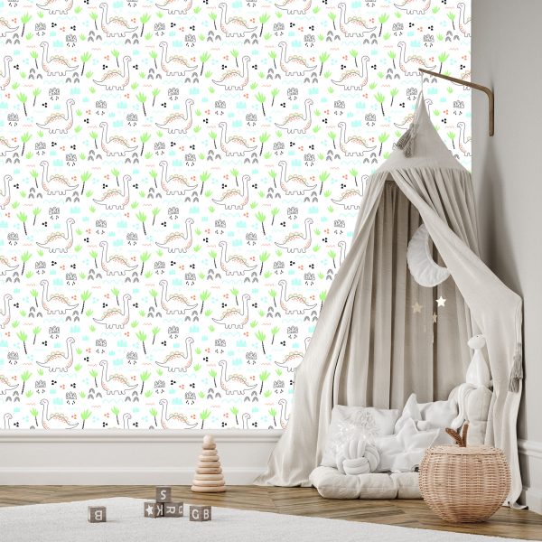 Behang Voor Kinderen, Dinosaurussen, Wolken, Bomen - Afbeelding 3