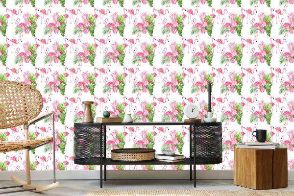 Behang Voor De Salon Flamingo's Flowers Greenery - Afbeelding 5