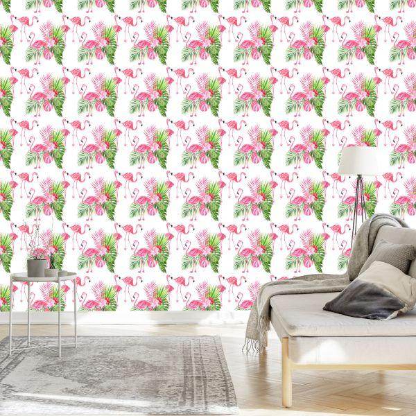 Behang Voor De Salon Flamingo's Flowers Greenery - Afbeelding 3