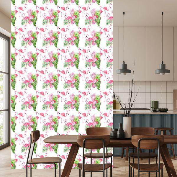 Behang Voor De Salon Flamingo's Flowers Greenery - Afbeelding 4