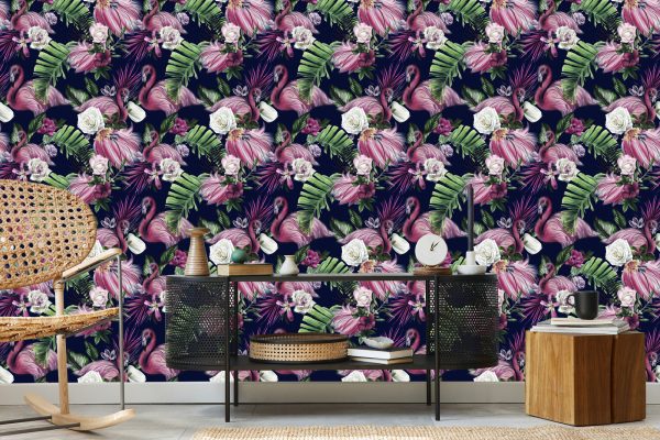 Behang Muur Voor Woonkamer Vogels Flamingo's Bloemen - Afbeelding 5