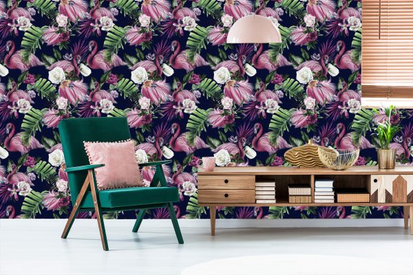 Behang Muur Voor Woonkamer Vogels Flamingo's Bloemen - Afbeelding 6