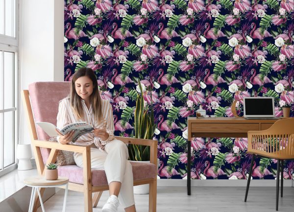 Behang Muur Voor Woonkamer Vogels Flamingo's Bloemen - Afbeelding 7