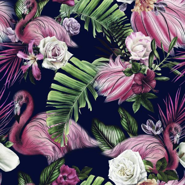 Behang Muur Voor Woonkamer Vogels Flamingo's Bloemen - Afbeelding 2