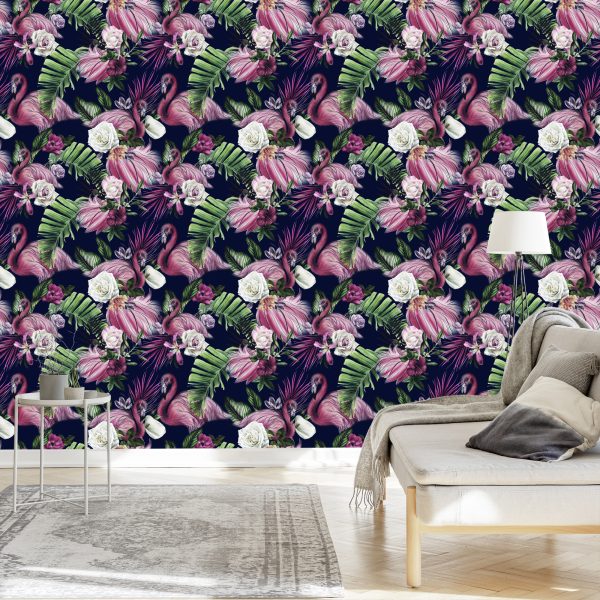 Behang Muur Voor Woonkamer Vogels Flamingo's Bloemen - Afbeelding 3