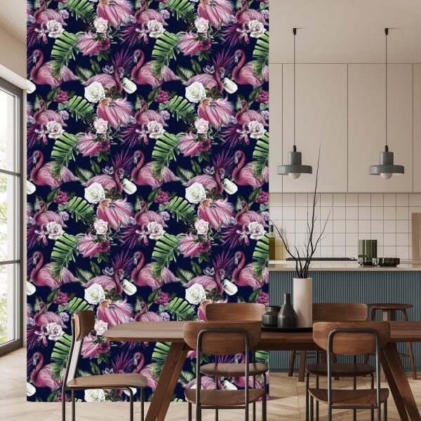 Behang Muur Voor Woonkamer Vogels Flamingo's Bloemen - Afbeelding 4