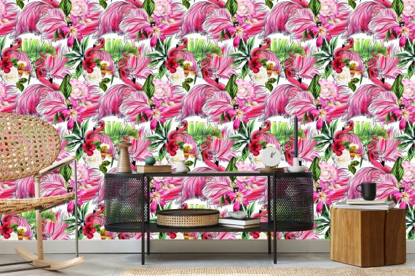 Behang Voor Woonkamer, Flamingo's, Rozen, Bloemen, Bladeren - Afbeelding 5