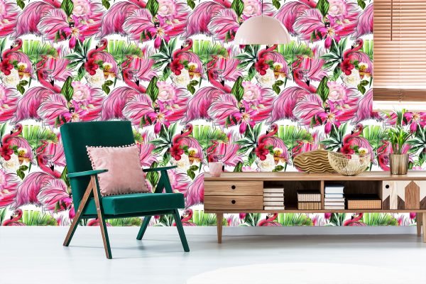 Behang Voor Woonkamer, Flamingo's, Rozen, Bloemen, Bladeren - Afbeelding 6