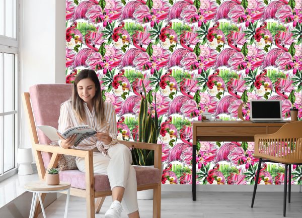 Behang Voor Woonkamer, Flamingo's, Rozen, Bloemen, Bladeren - Afbeelding 7