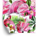 Behang Voor Woonkamer, Flamingo's, Rozen, Bloemen, Bladeren