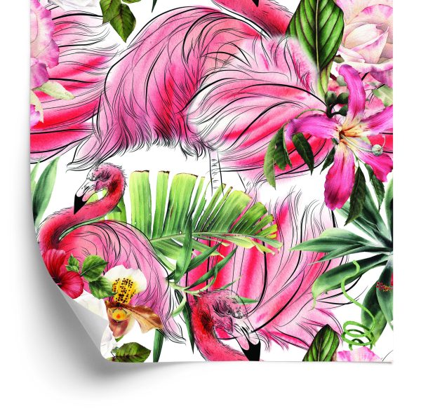 Behang Voor Woonkamer, Flamingo's, Rozen, Bloemen, Bladeren