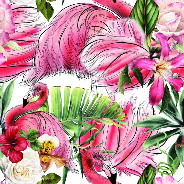 Behang Voor Woonkamer, Flamingo's, Rozen, Bloemen, Bladeren - Afbeelding 2