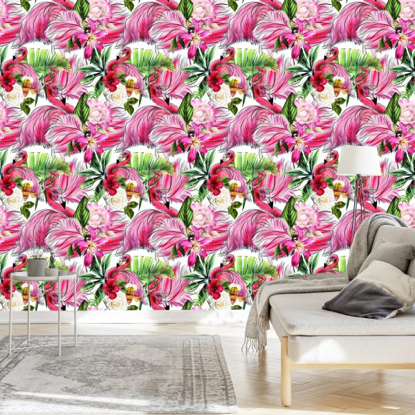 Behang Voor Woonkamer, Flamingo's, Rozen, Bloemen, Bladeren - Afbeelding 3