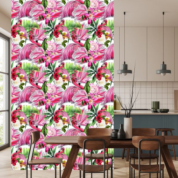 Behang Voor Woonkamer, Flamingo's, Rozen, Bloemen, Bladeren - Afbeelding 4