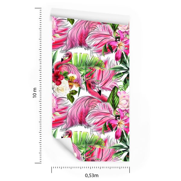 Behang Voor Woonkamer, Flamingo's, Rozen, Bloemen, Bladeren - Afbeelding 8