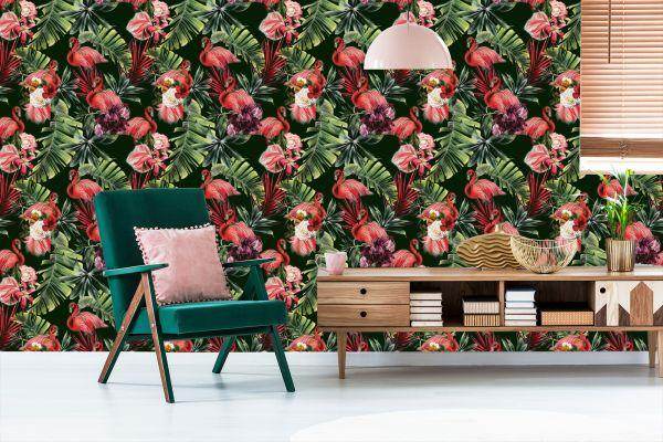 Behang Flamingo's, Rozen, Bloemen, Groen Voor De Slaapkamer - Afbeelding 6