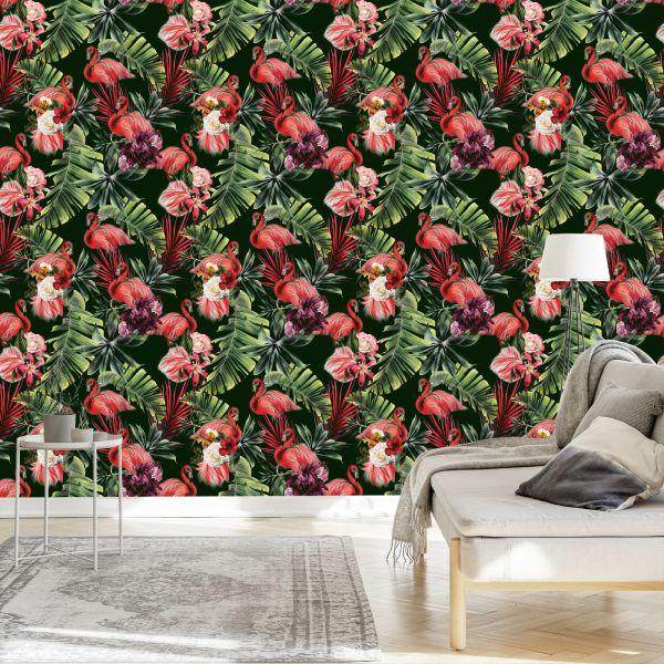 Behang Flamingo's, Rozen, Bloemen, Groen Voor De Slaapkamer - Afbeelding 3