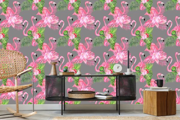 Behang Flamingo's, Vogels, Groene Bladeren - Afbeelding 5