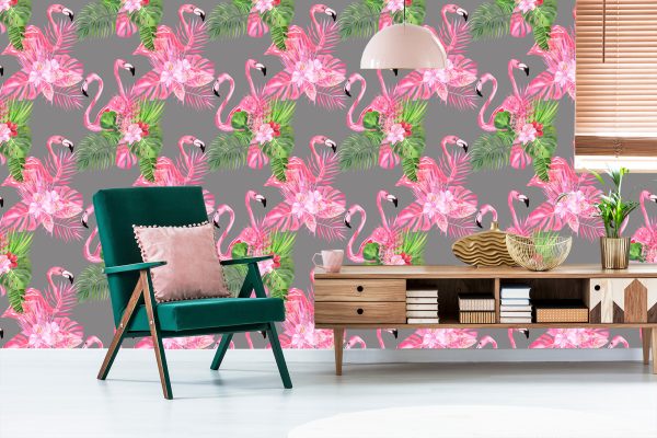 Behang Flamingo's, Vogels, Groene Bladeren - Afbeelding 6