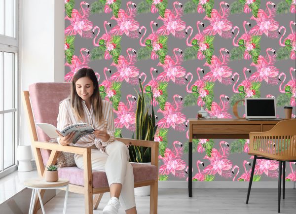 Behang Flamingo's, Vogels, Groene Bladeren - Afbeelding 7